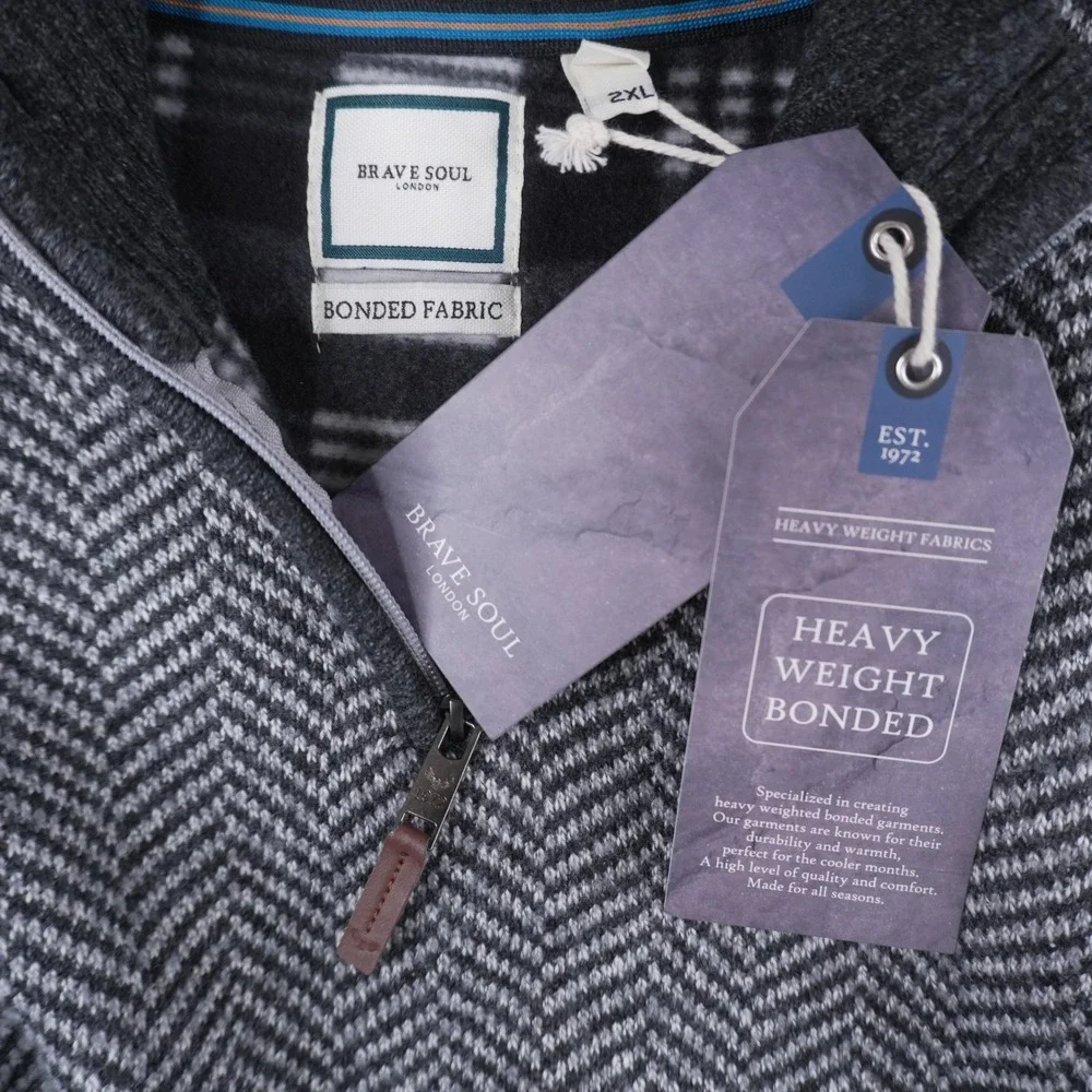 Brave Soul Quarter Zip‎ Pullover Mens 2XL Grey Herringbone Bonded Sweater NEW